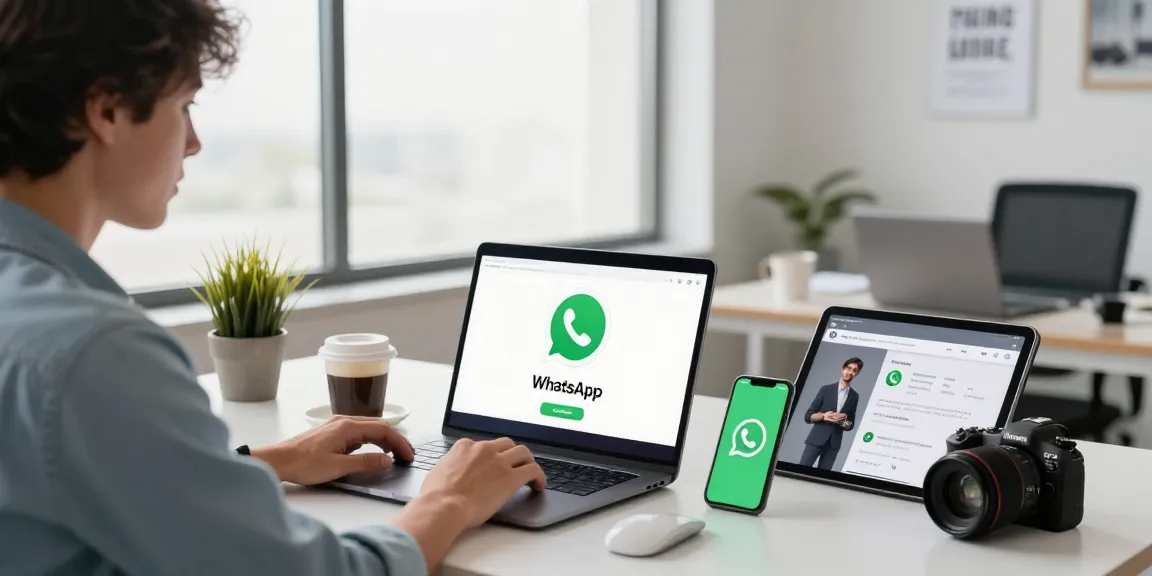 Downloading WhatsApp下載 on a sleek laptop in a modern tech workspace filled with gadgets and a bright atmosphere.