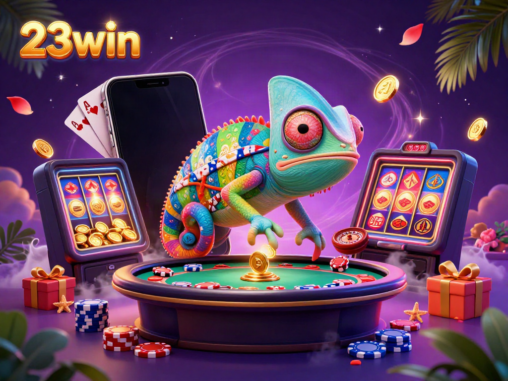 Experience the dynamic gaming world of 23win with a vibrant chameleon casino owner alongside various colorful gaming elements.