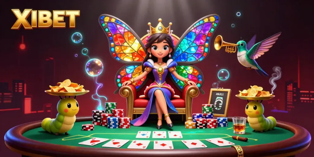 XIBET offers an engaging poker experience with colorful characters in a vibrant casino setting.