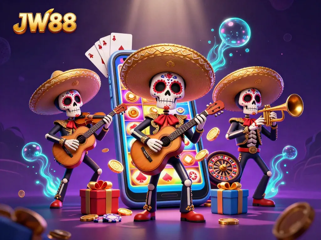 Play exciting slot games with JW88, featuring dynamic casino elements in a vibrant illustration.