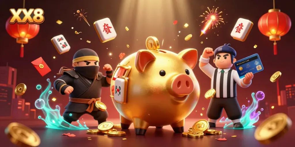 Experience the excitement of XX8 as a golden piggy bank sumo wrestler lands amidst a flurry of coins.