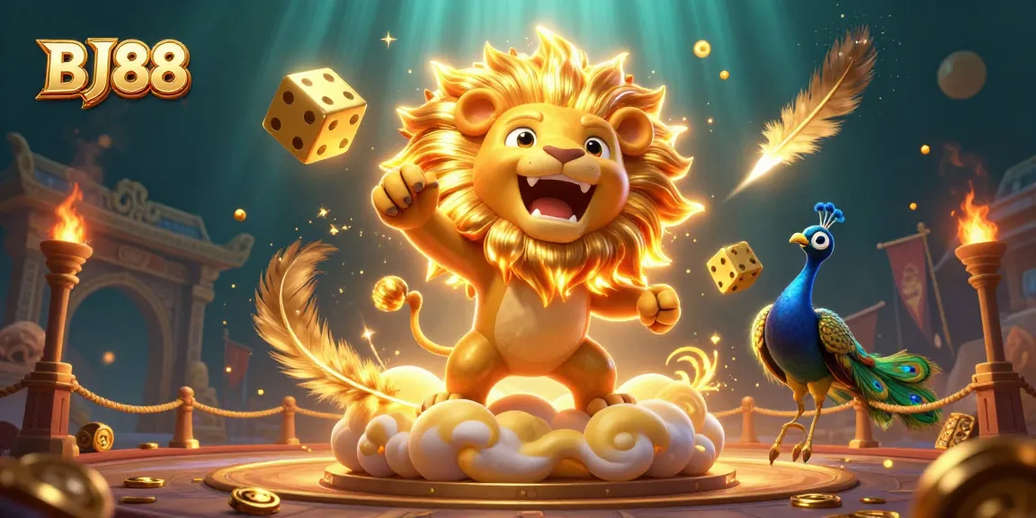 Engage with thrilling gaming at BJ88 featuring a lion, golden dice, and vibrant casino elements.