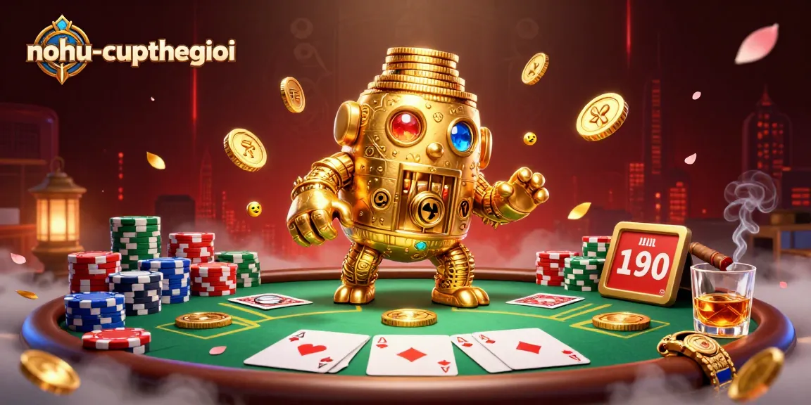 Nohu-cupthegioi showcases a thrilling poker scene with a golden golem and vibrant casino elements.