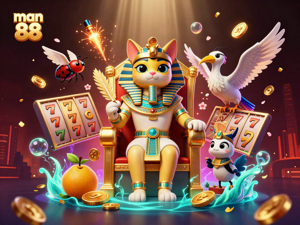 Play exciting slots at man 88 with a charming Egyptian pharaoh cat illustration, vibrant casino elements.