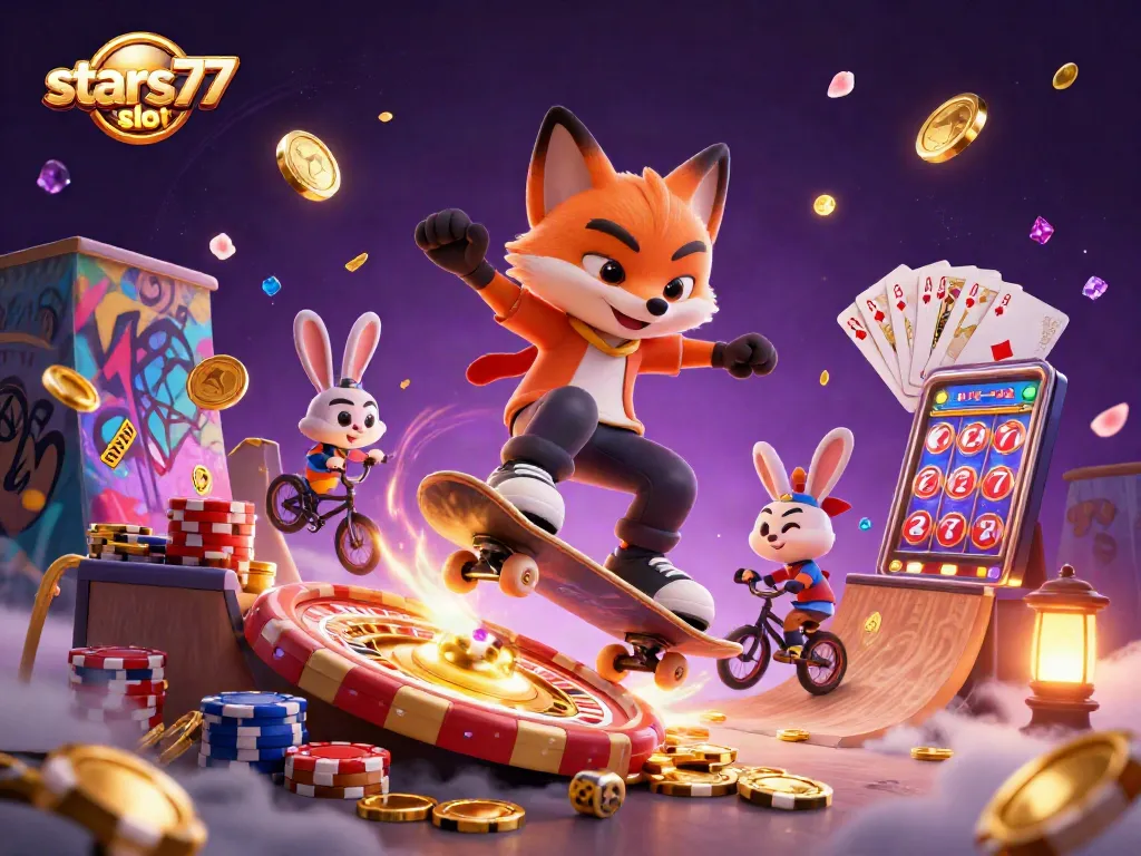 Mainkan slot di stars77 slot dengan visual menarik dan simbol judi yang menari.