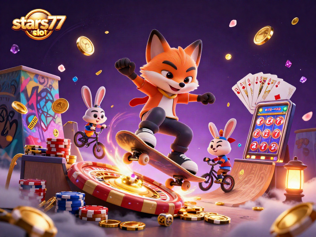 Mainkan slot di stars77 slot dengan visual menarik dan simbol judi yang menari.