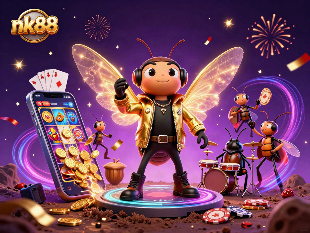 Nk88 gaming scene with a rock star cicada and a beetle drummer celebrating casino wins