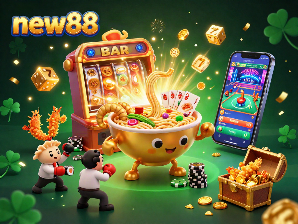 Engage with the vibrant new88 casino experience featuring a golden ramen bowl dealer amidst jackpot action.