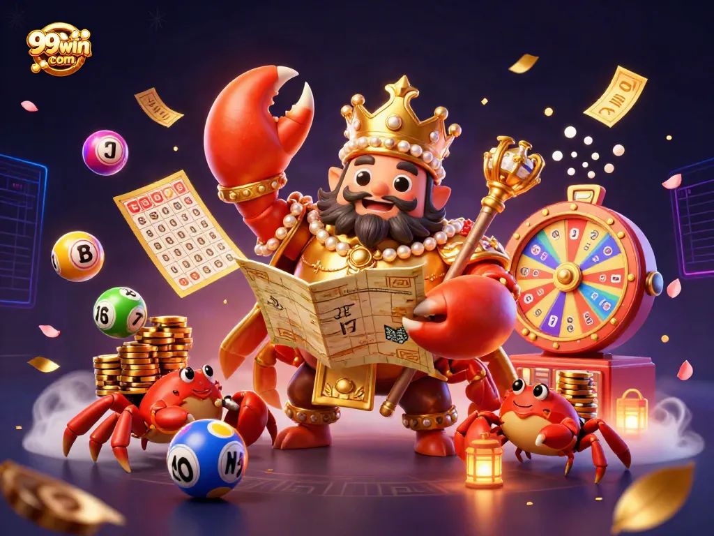 Experience the sizzling excitement of 99win com with a vibrant casino-themed 3D illustration featuring a golden crab emperor and game elements.