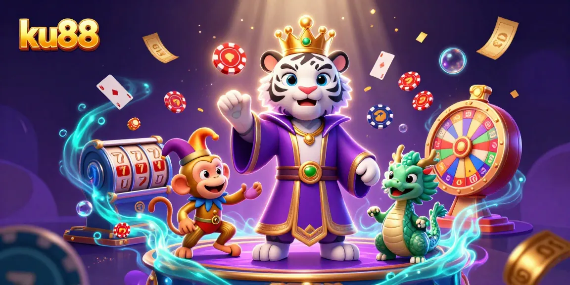 Playful golden monkey juggles poker chips with a majestic tiger and jade dragon at ku88 casino