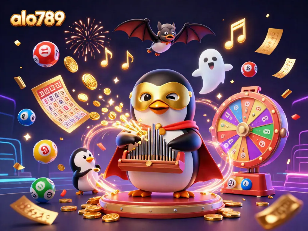 A scene where the alo789 casino excitement comes alive with bouncing lottery balls and golden coins.