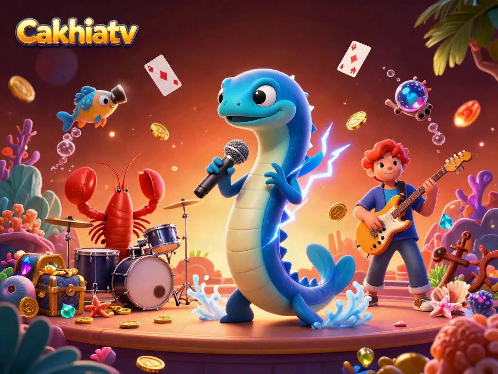 Cakhiatv showcases an underwater casino scene with an electric eel DJ, lobster drummer, and seahorse guitarist performing.