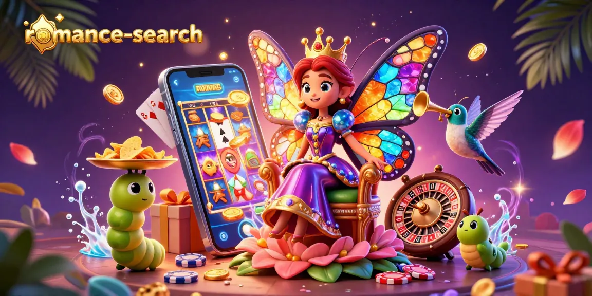 Win big with romance-search in this vibrant 3D scene featuring a butterfly queen and casino excitement.