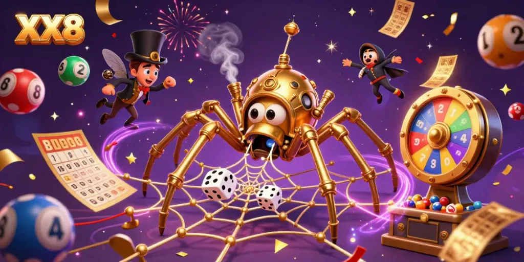Experience the thrill of XX8 with a vibrant 3D steampunk casino scene, illustrating dynamic winnings and gaming action.