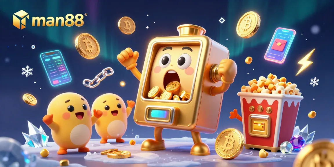 Man88 casino excitement with a golden slot machine winning a jackpot surrounded by coins and crypto elements.