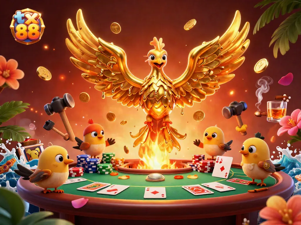 Experience thrilling poker action in tx 88 featuring vibrant 3D golden phoenix and diverse casino elements.