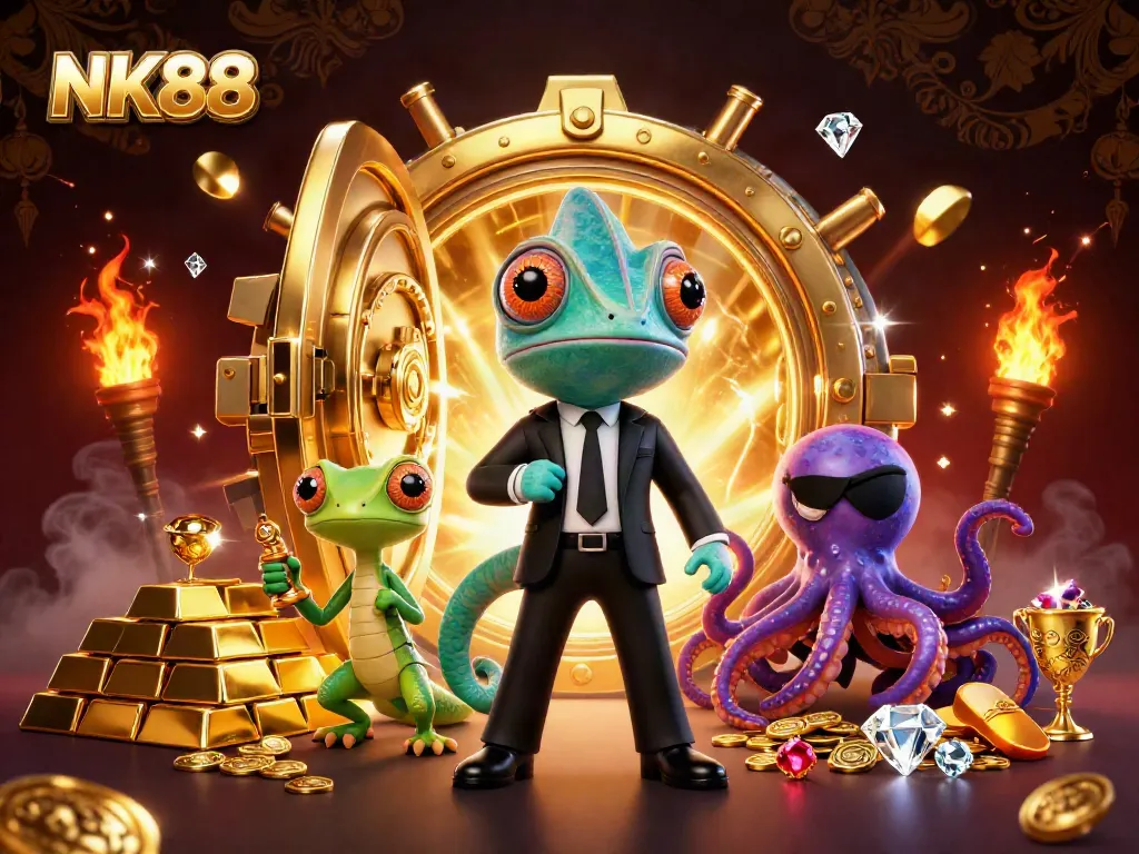 Experience the excitement of NK88 at a dynamic casino game scene packed with riches.