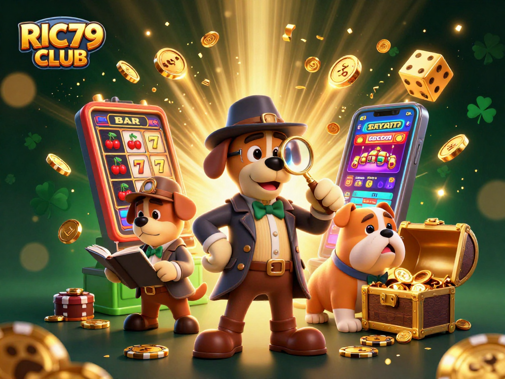 Experience the thrill of RIC79 CLUB with a dynamic scene of a detective duo uncovering casino treasures.