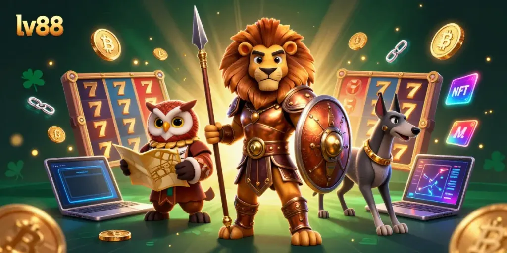 Experience thrilling slots action in lv88's dynamic casino scene filled with vibrant characters and glowing elements.