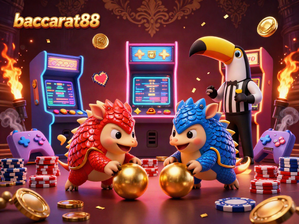 Baccarat88 pangolins competing with golden balls and poker chips in a vibrant casino scene.