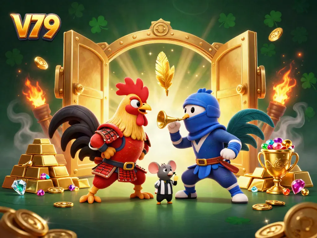 Experience the thrill of V79 as animated roosters battle for victory amidst a treasure trove of gold and gems.