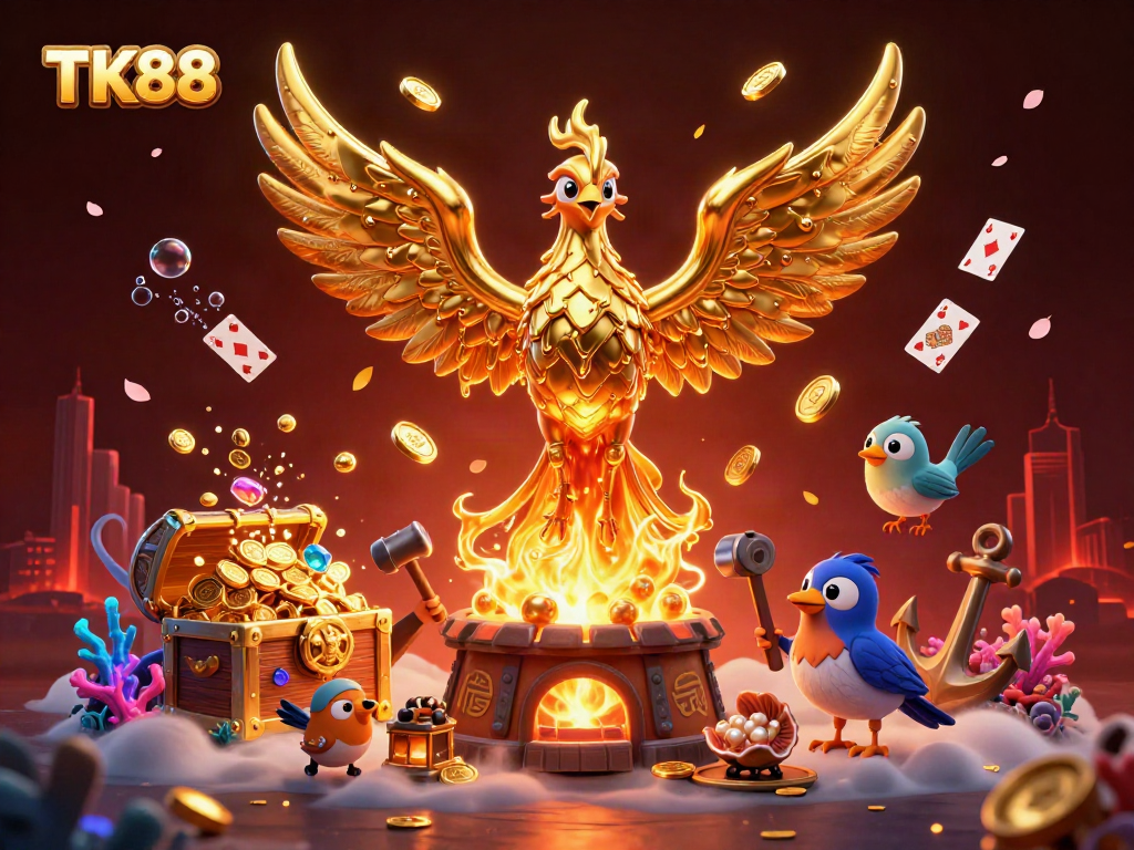Engage with TK88 online casino through vibrant 3D illustration featuring a molten metal phoenix and stunning elements.
