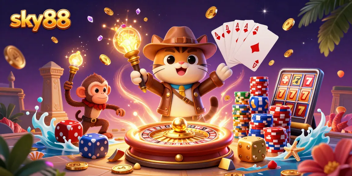 Experience thrilling gaming at sky88 with a 3D cartoon scene of casino excitement.