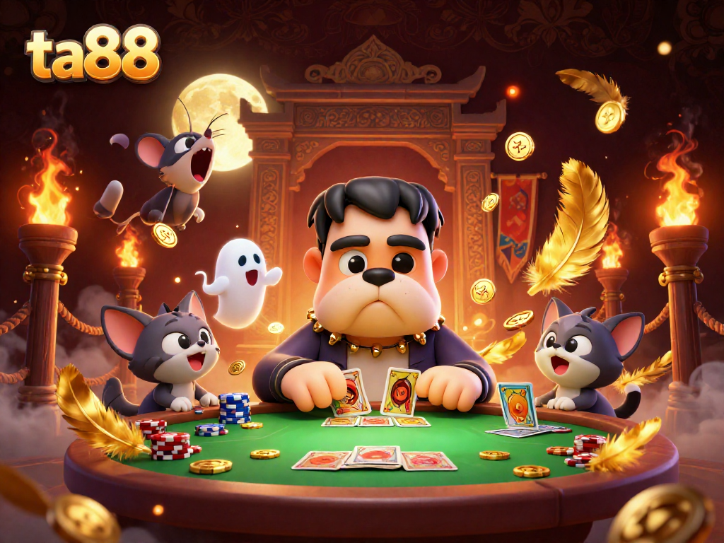 ta88 showcases a lively casino scene with a cartoon bulldog dealing cards amidst a gold-themed environment.