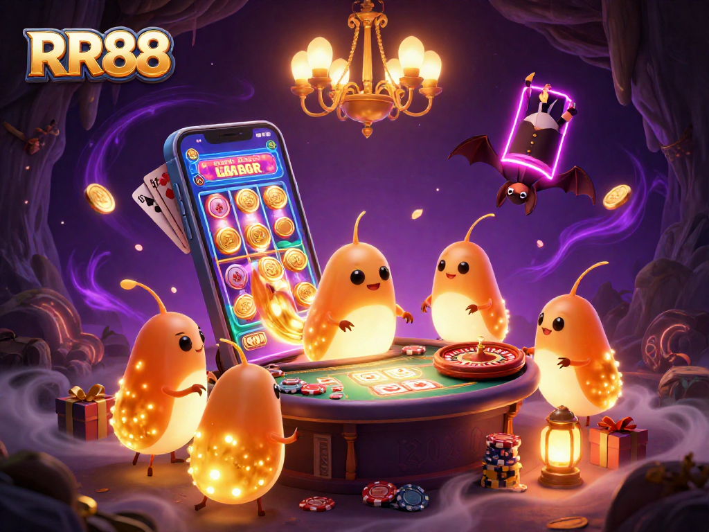 RR88 online casino scene animated with glowworms and a bat dealer showcasing gaming excitement.