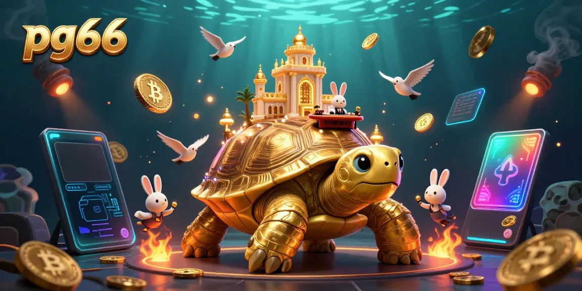 Join the excitement at pg66 with a golden tortoise casino, rabbit dealer, and flying coins in a vibrant scene.