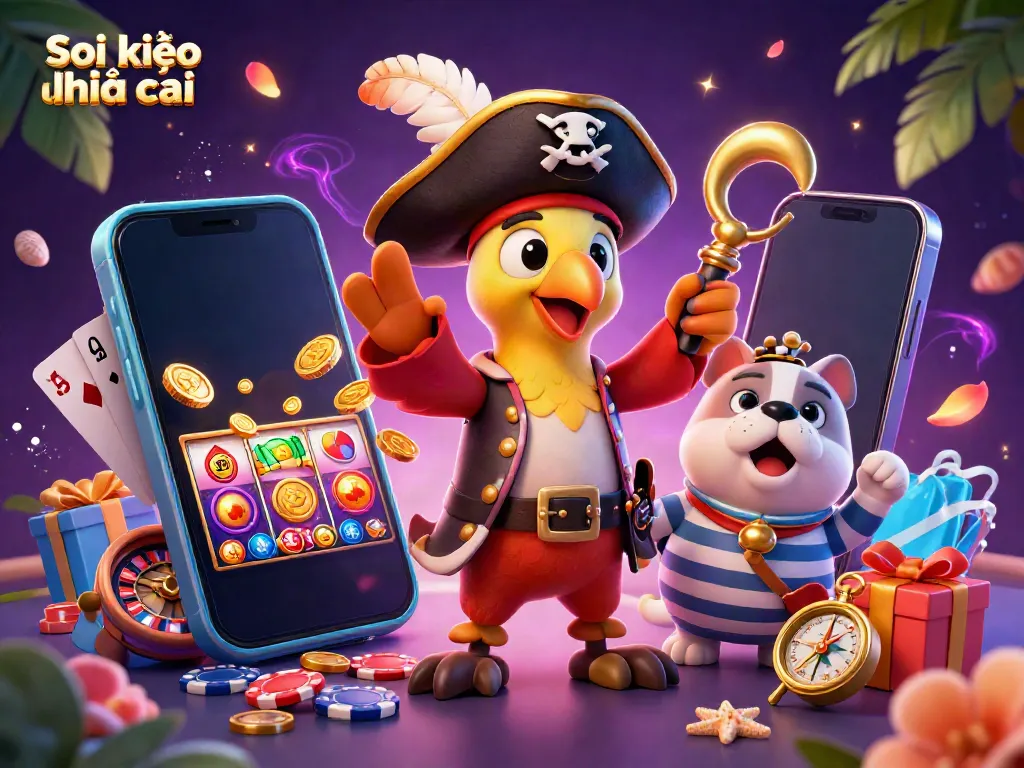 Soi kèo nhà cái pirate-themed illustration with dynamic casino elements and characters.