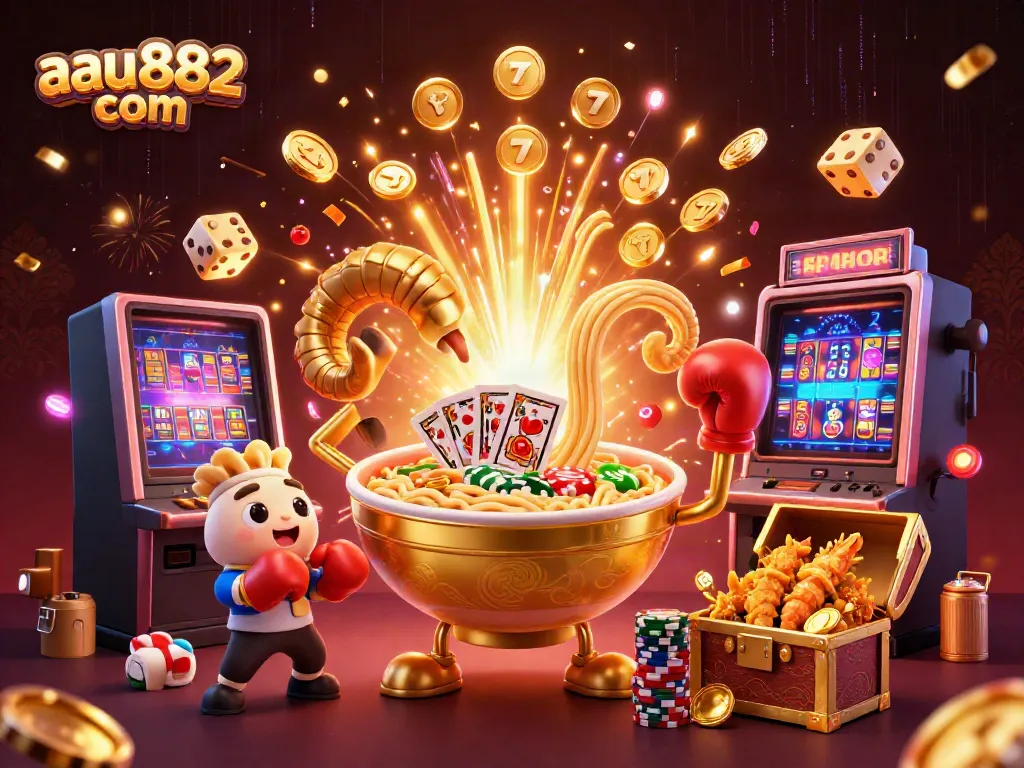 Engage in thrilling jackpot action with aau882 com, featuring vibrant 3D characters and casino elements.