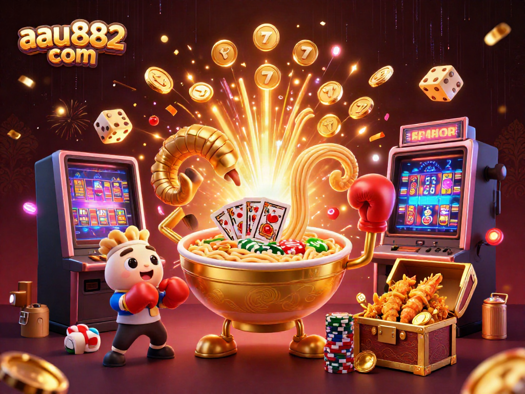 Engage in thrilling jackpot action with aau882 com, featuring vibrant 3D characters and casino elements.