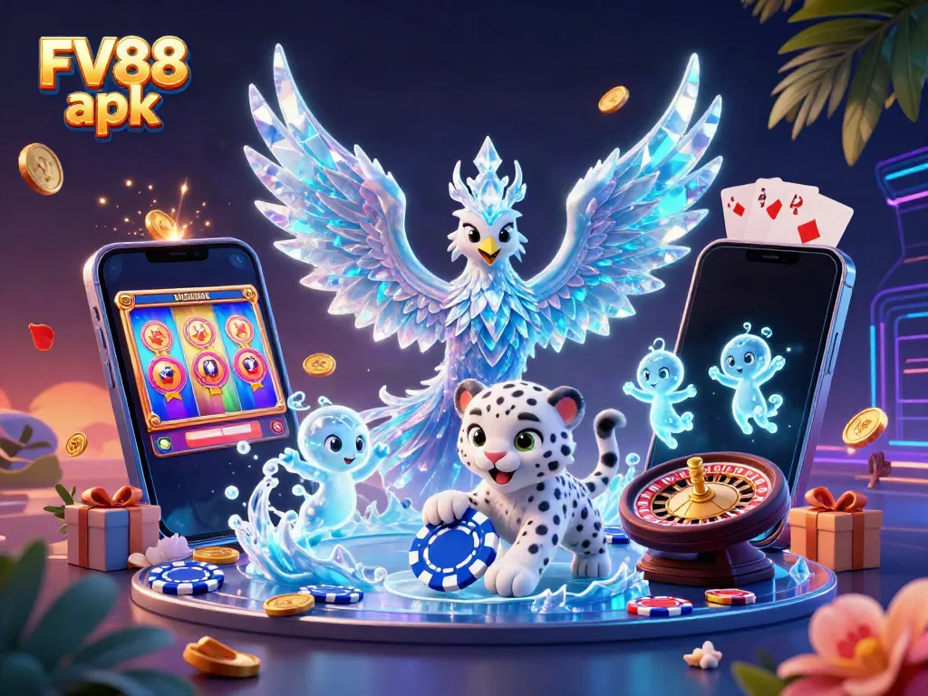 Experience the excitement of FV88 apk with a vibrant 3D illustration showcasing dynamic gaming elements and characters.