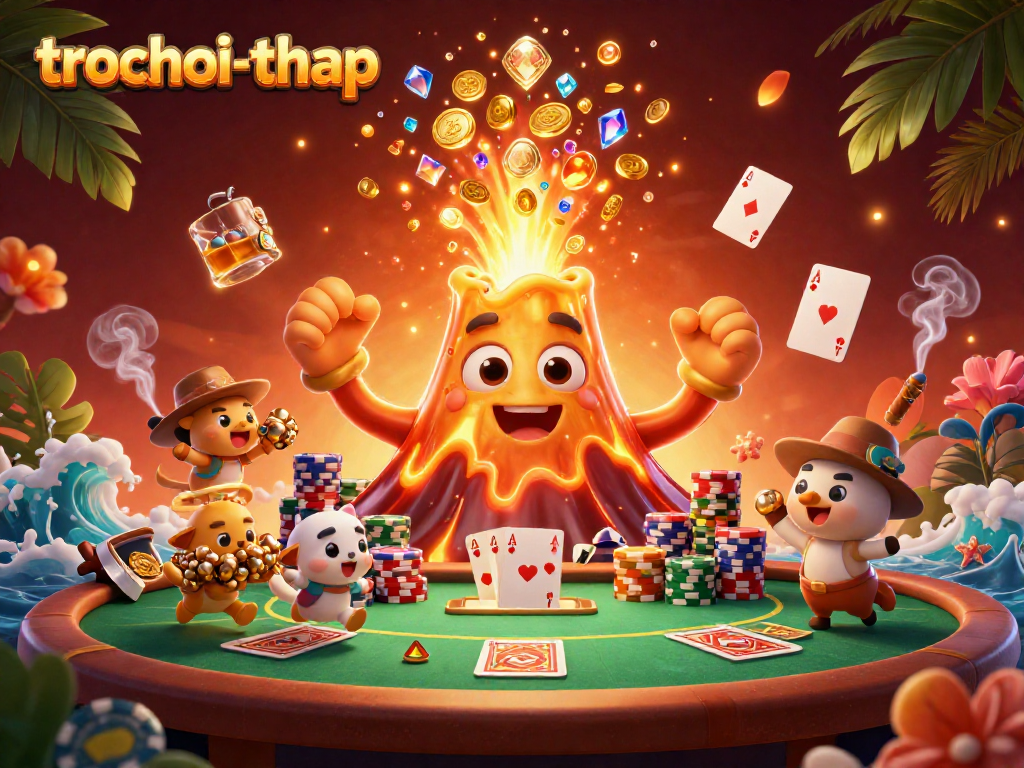 Experience thrilling gameplay in trochoi-thap with a golden volcano erupting treasure and poker elements.