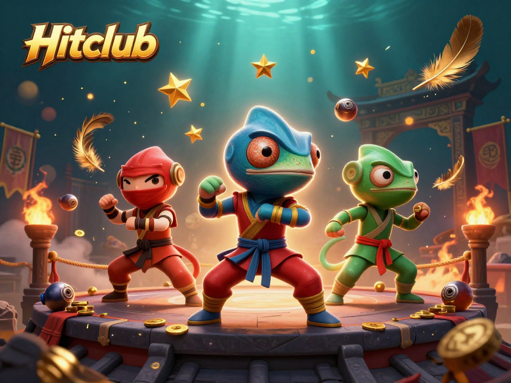 Hitclub casino illustration with ninja chameleons performing martial arts and dynamic gambling elements.