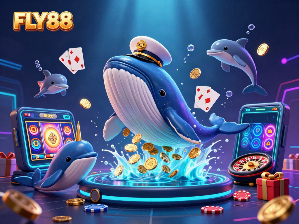 Experience FLY88 excitement with a cartoon whale in a sea of coins and games.