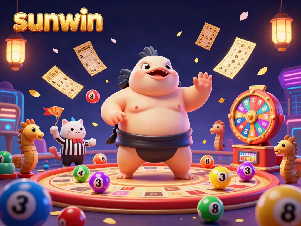 Experience the vibrant world of sunwin gaming with lively characters and dynamic lottery elements in a lively 3D casino setting.