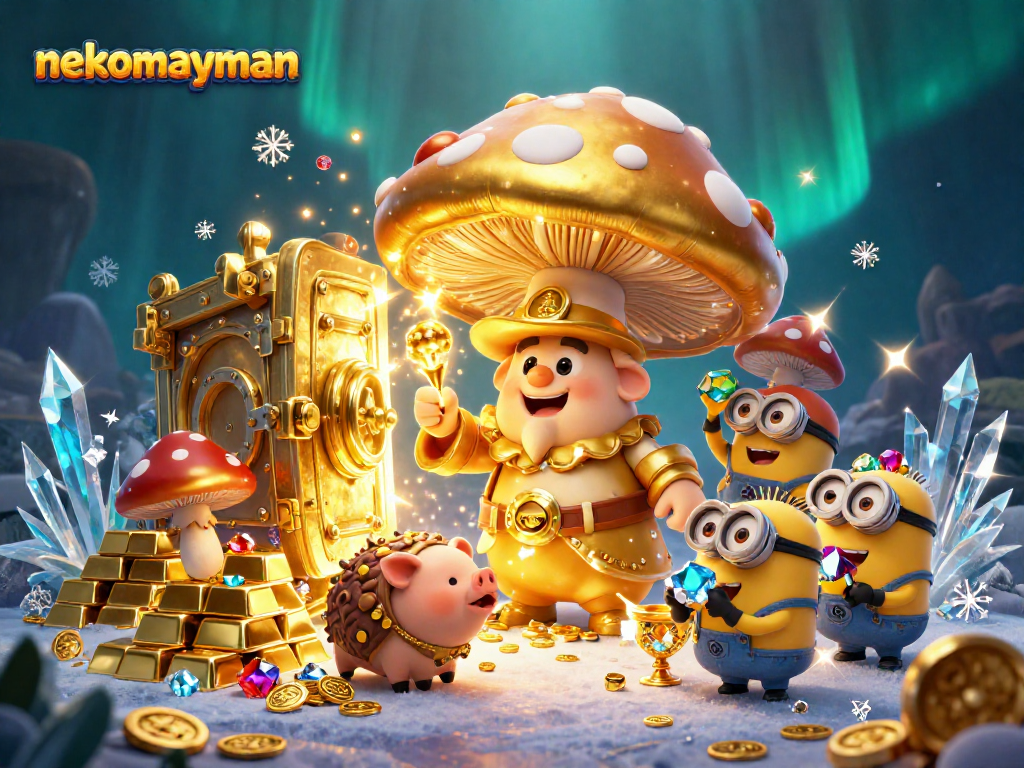Experience nekomayman with an enchanting 3D scene of golden treasures and magical creatures