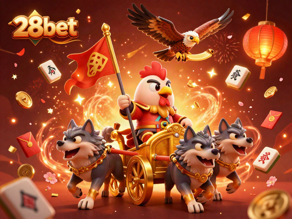 Enjoy thrilling games with 28bet featuring a cartoon rooster warlord in action.
