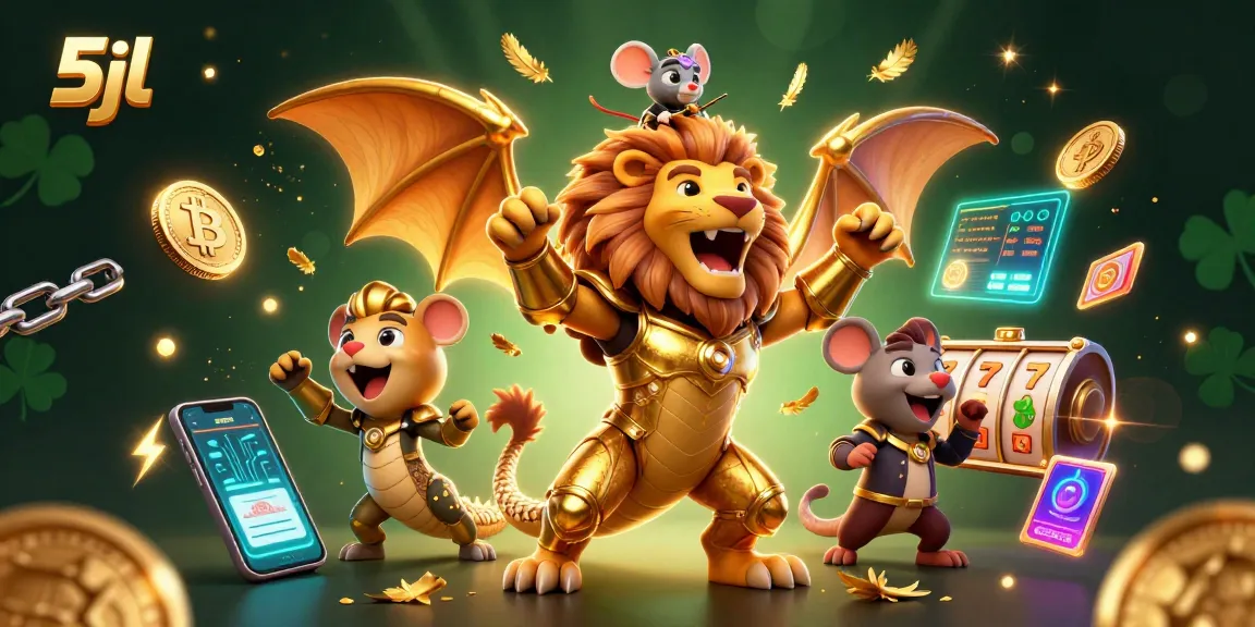 Spin and win with 5jl as the chimera roars triumphantly amidst dynamic slot reels and crypto coins.