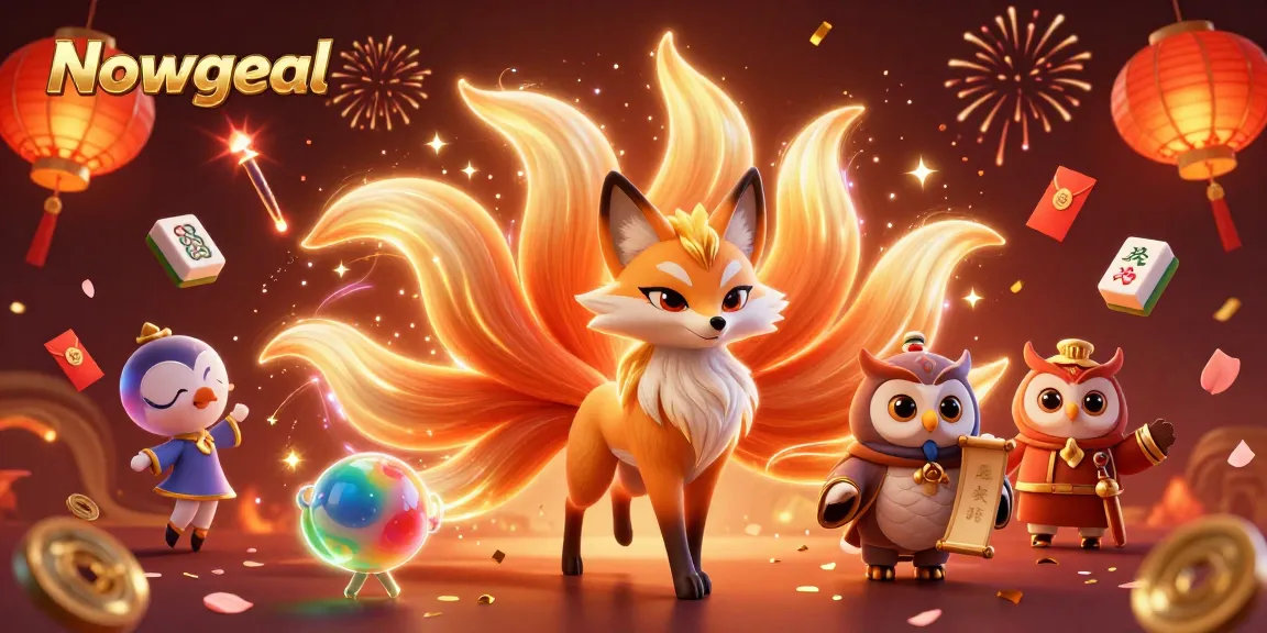 Experience thrilling gameplay with Nowgoal's lively mascot, the nine-tailed fox spirit, amidst vibrant gaming elements.