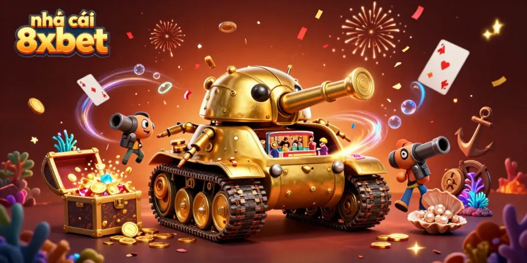 Engage with nhà cái 8xbet via a dynamic 3D casino scene with gold treasures and festive elements.