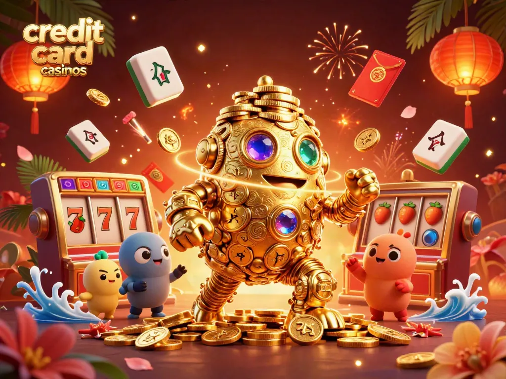 Experience the excitement of credit card casinos with a dynamic scene of a golden golem and slot symbols.