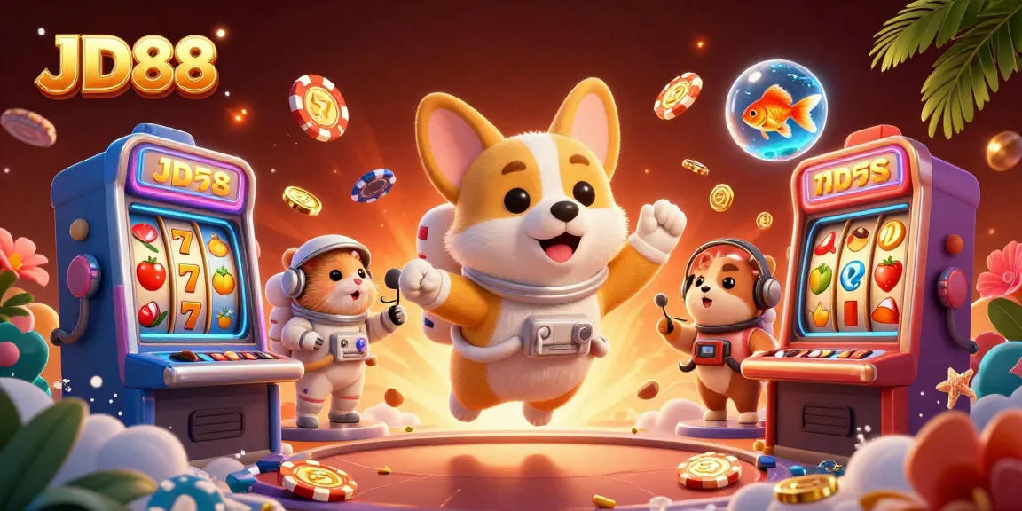 Engage with JD88 as the cartoon astronaut corgi explores a vibrant space casino.