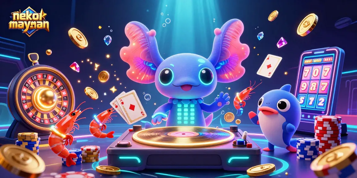 Engage in thrilling gameplay with nekomayman as the vibrant axolotl DJ spins records amidst golden coins and festive casino elements.