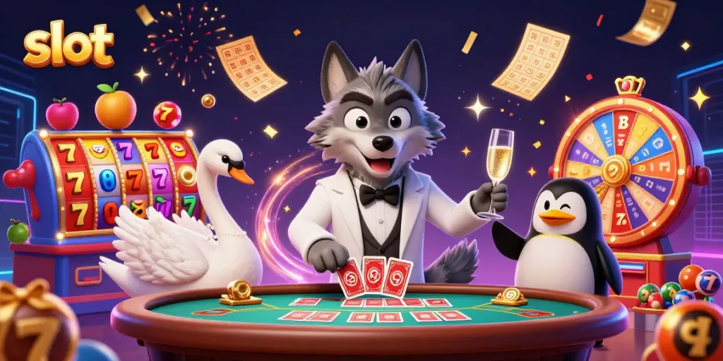 Experience thrilling slot action with vibrant characters and dynamic casino elements in this festive scene.