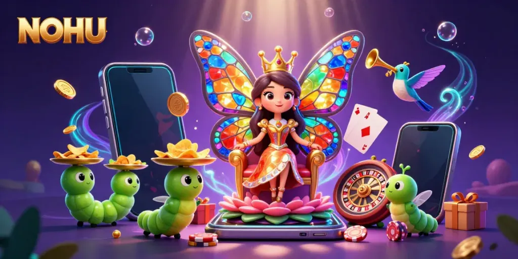 NOHU gaming experience featuring a butterfly queen, colorful slot gameplay, and vibrant casino elements