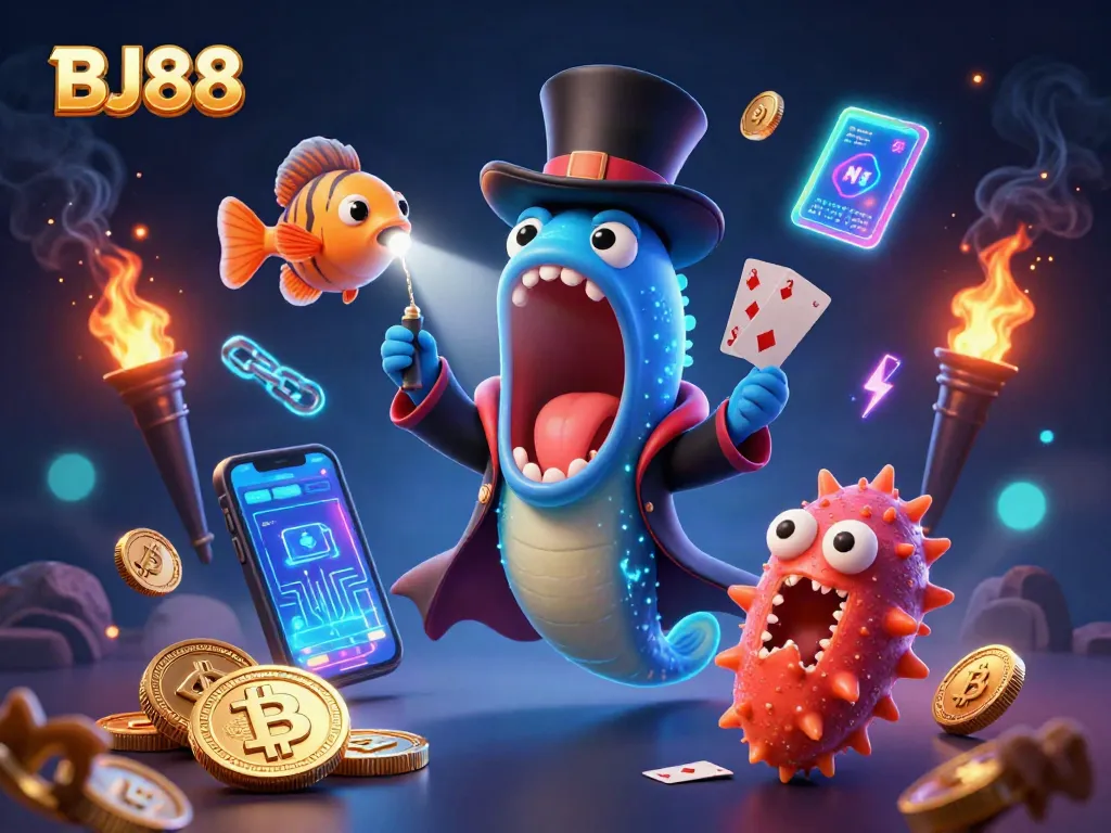 Witness BJ88's thrilling magic casino tricks with glowing crypto elements.