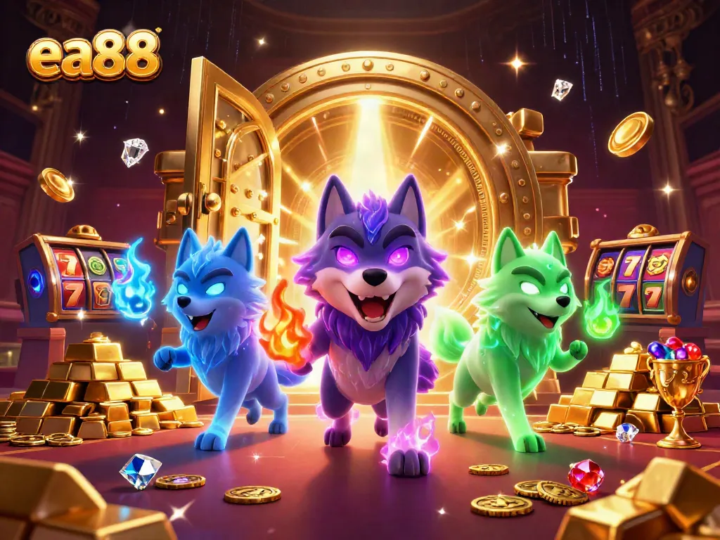 Engage with exciting gaming moments at ea88 featuring vibrant wolves surrounded by riches.